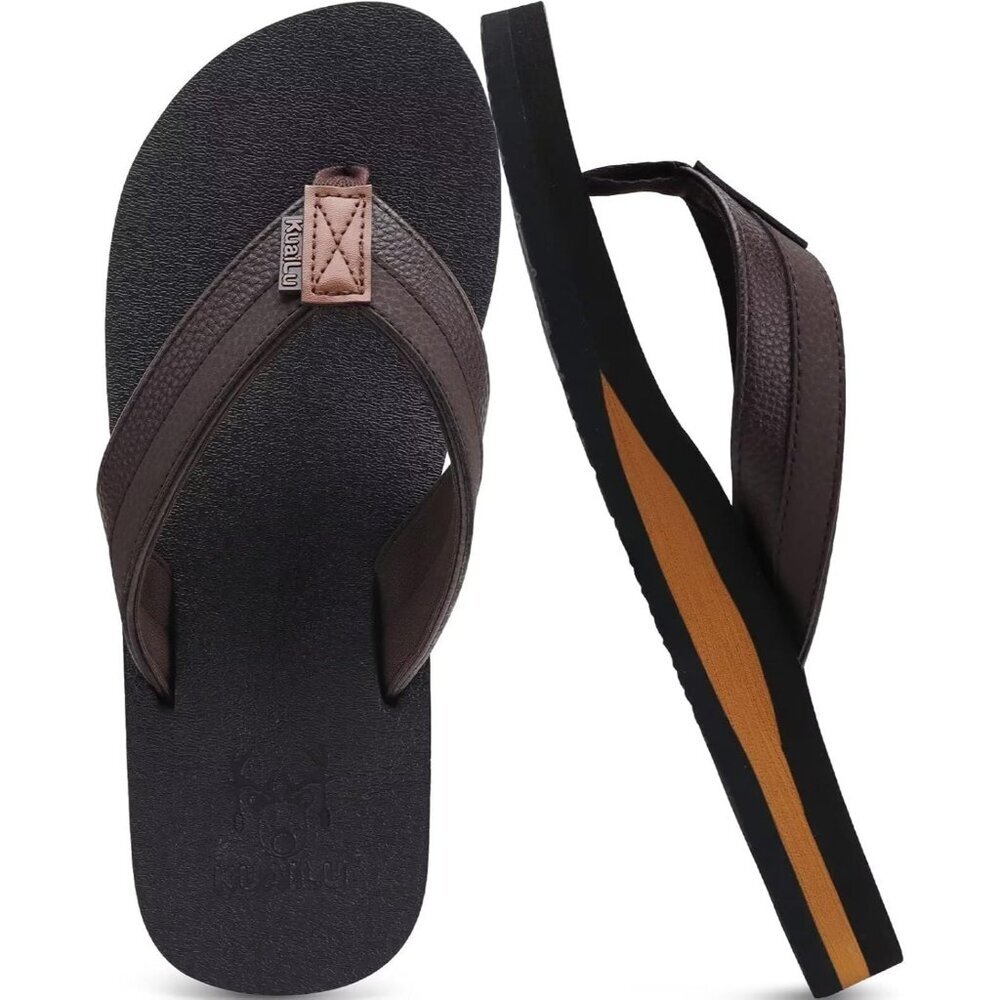 〽️Men's Flip Flop Sandal Dark Brown Leather Slip On Arch Support Comfort Shoes